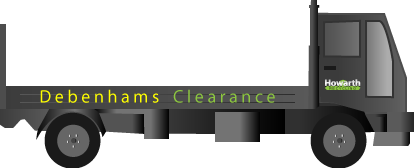 side close up illustration of a howarth recycling retail shop clearance vehicle in mat medium grey colour with company sign writing and the words debenhams clearance team in yellow and green